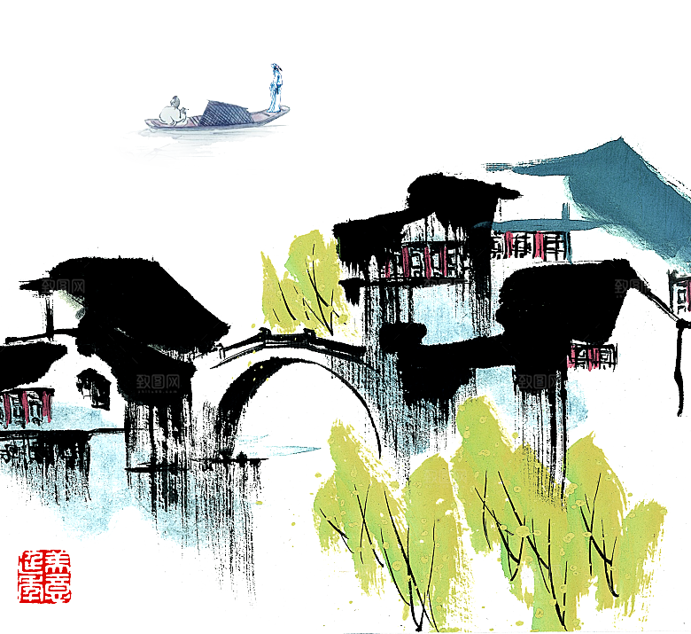 免抠古风水墨建筑插画PNG元素