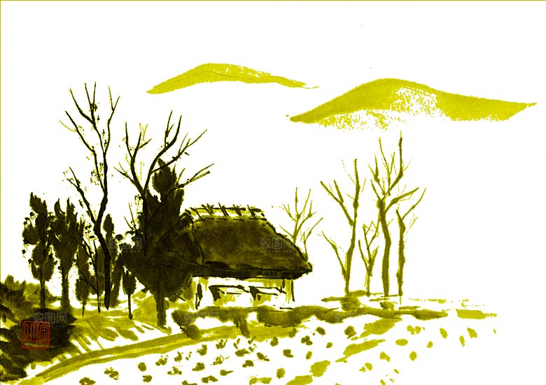 免抠古风水墨建筑插画PNG元素