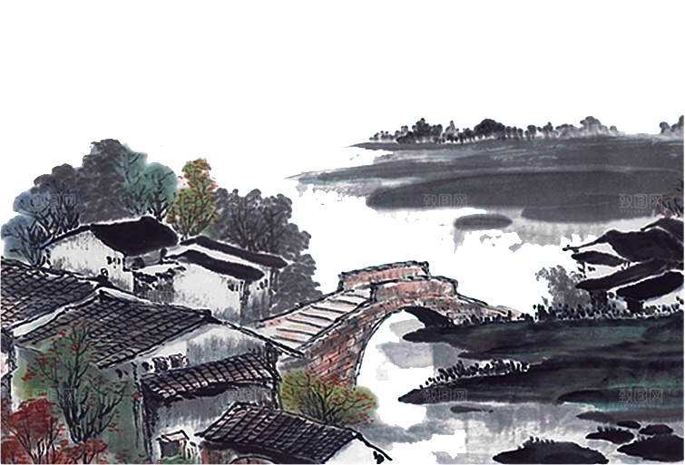 免抠古风水墨建筑插画PNG元素