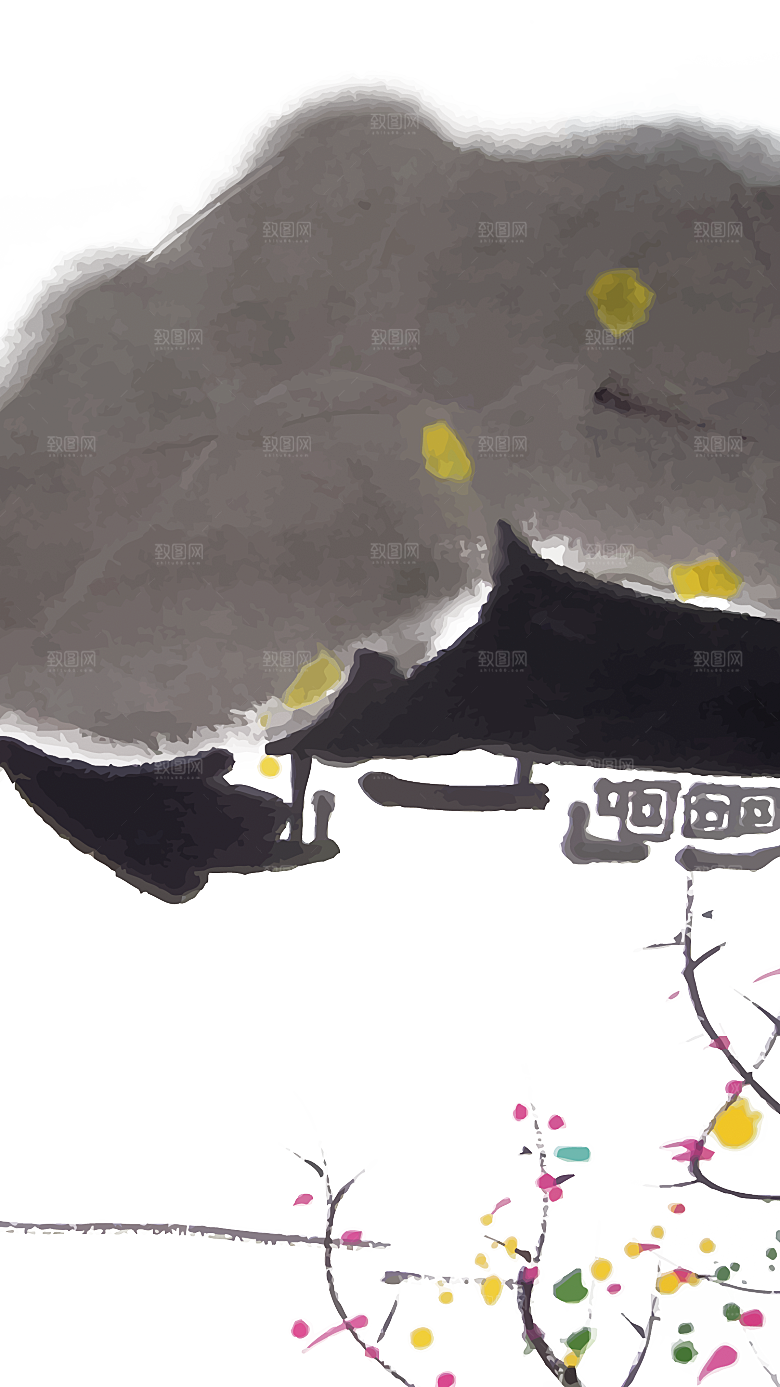 免抠古风水墨建筑插画PNG元素