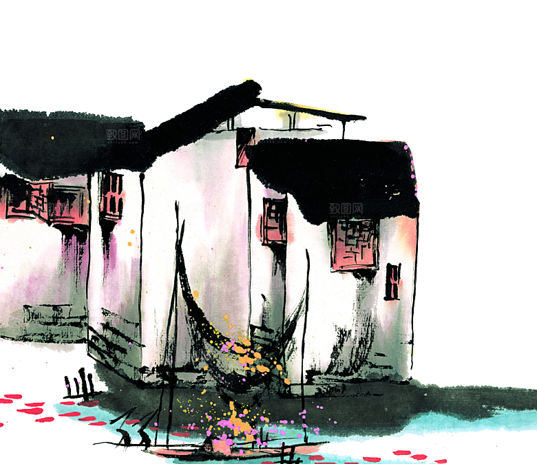 免抠古风水墨建筑插画PNG元素