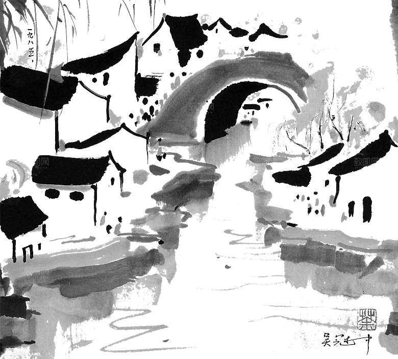 免抠古风水墨建筑插画PNG元素