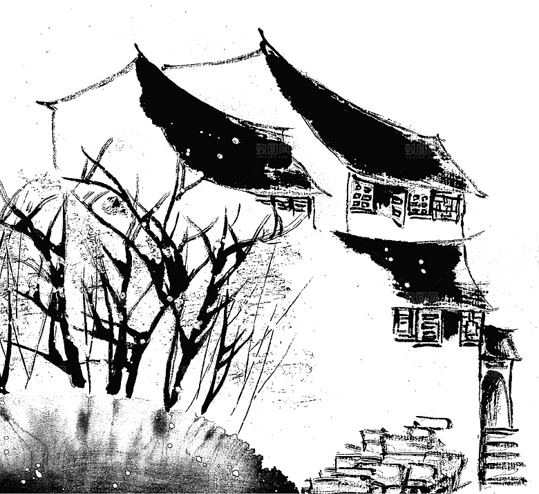 免抠古风水墨建筑插画PNG元素