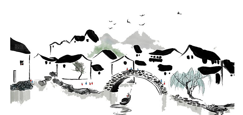免抠古风水墨建筑插画PNG元素