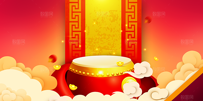 红色中国面新年大鼓中国风海报背景