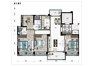 蓝色新中式创意四室两厅两卫户型图