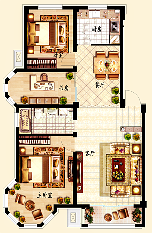 中式别墅户型图三室两厅一卫户型图