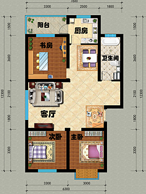 中式三室两厅一卫户型图