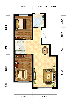 房地产户型设计两室一厅一卫标准户型图