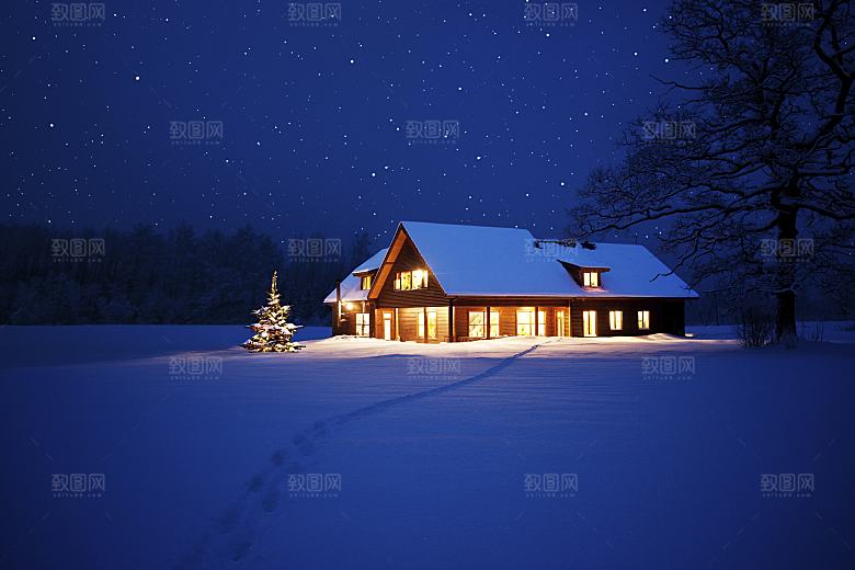 蓝色雪景夜晚星空小院
