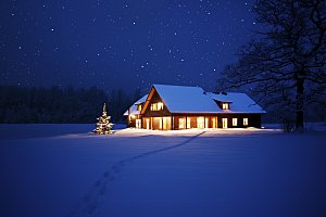 蓝色雪景夜晚星空小院