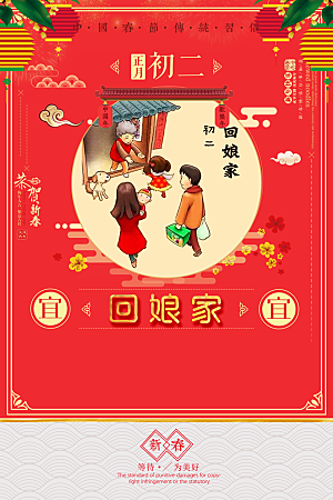 新年春节节日初二民俗创意海报
