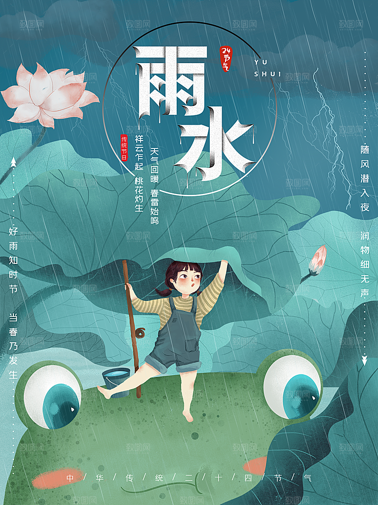 春季简约质感二十四节气雨水海报