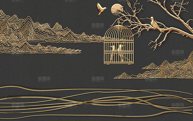 中国风复古背景墙背景画PSD模板