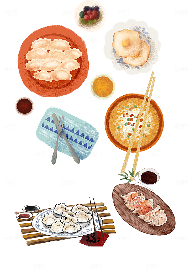 东北饺子蒸饺手绘素材