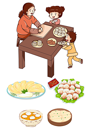 卡通新年手绘吃饺子饺子手绘元素