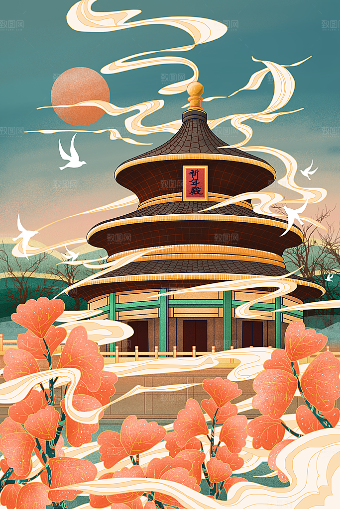 中国风古风建筑地标插画海报