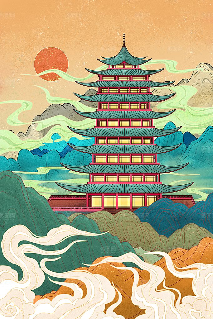 中国风古风建筑地标插画海报