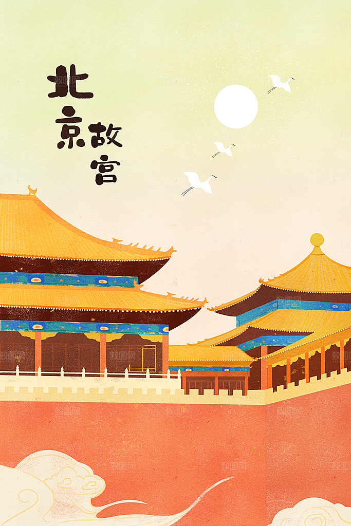 中国风古风建筑地标插画海报