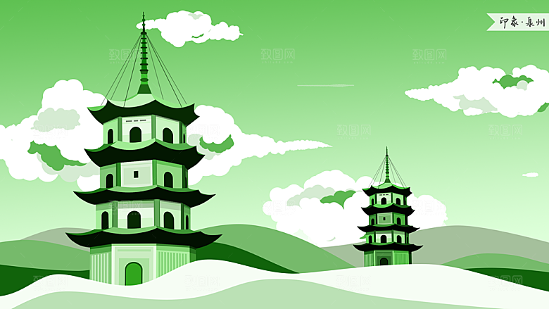 中国风古风建筑地标插画海报