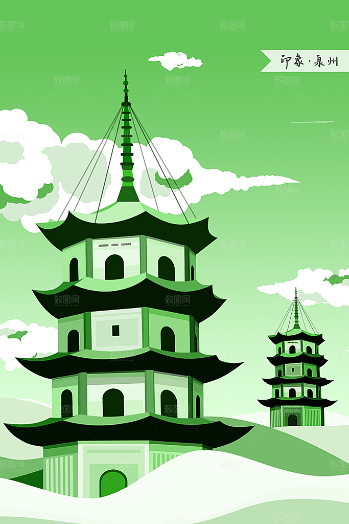 中国风古风建筑地标插画海报