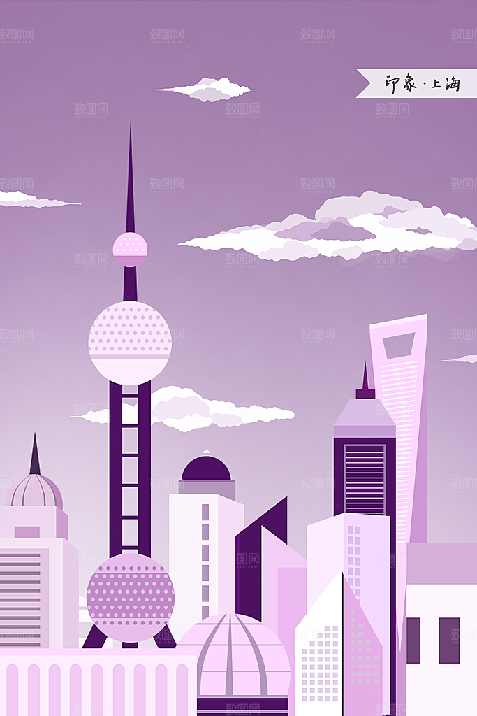 中国风古风建筑地标插画海报