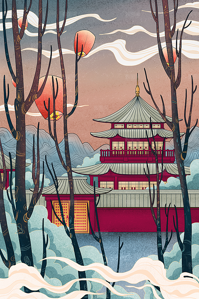 中国风古风建筑地标插画海报