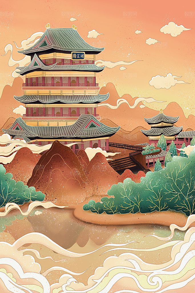 中国风古风建筑地标插画海报