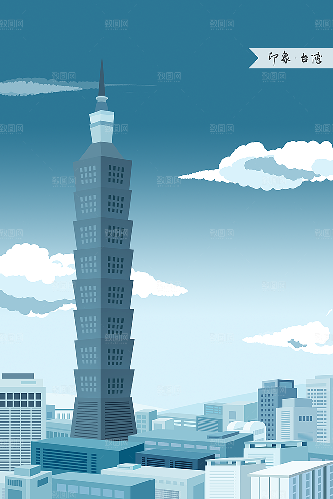 中国风古风建筑地标插画海报