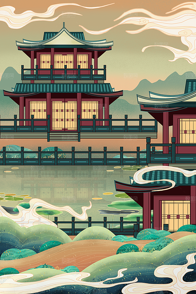 中国风古风建筑地标插画海报