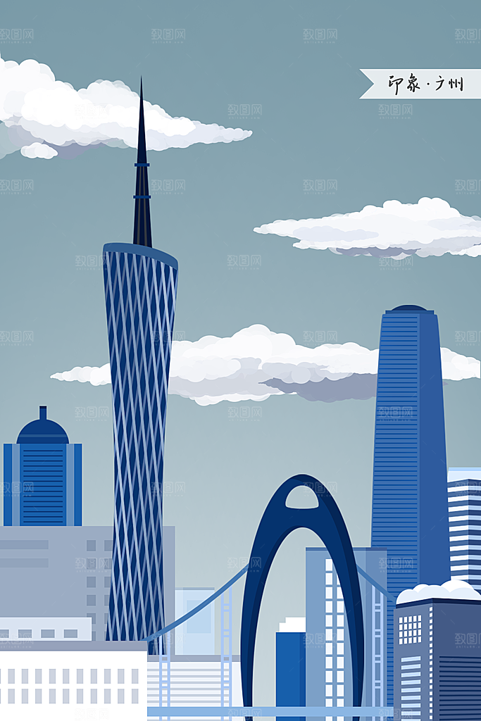 中国风古风建筑地标插画海报