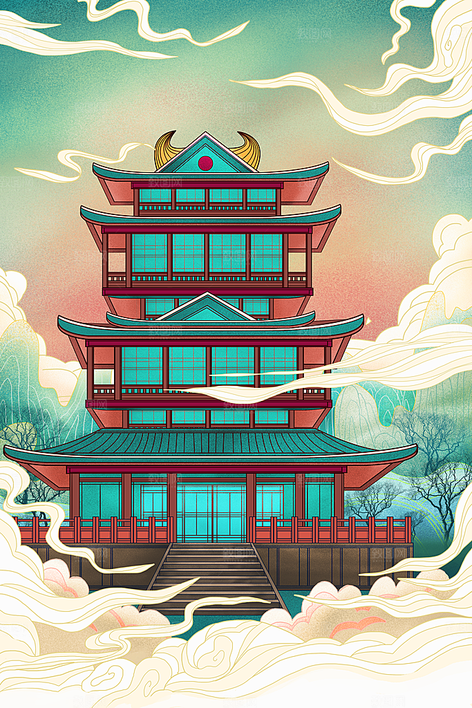 中国风古风建筑地标插画海报