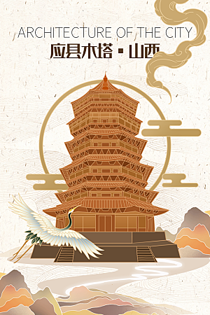 中国风古风建筑地标插画海报
