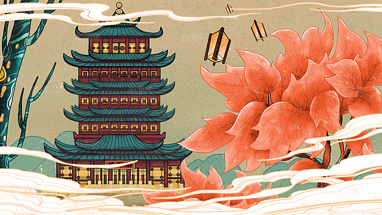 中国风古风建筑地标插画海报