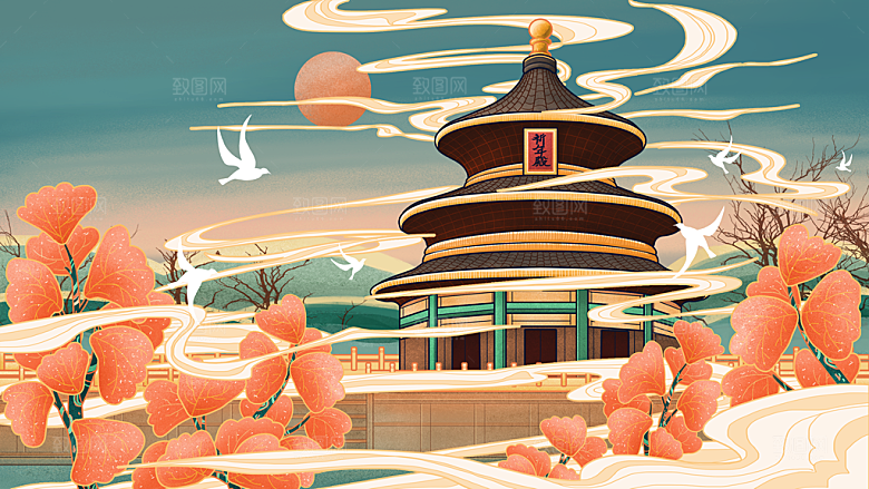 中国风古风建筑地标插画海报
