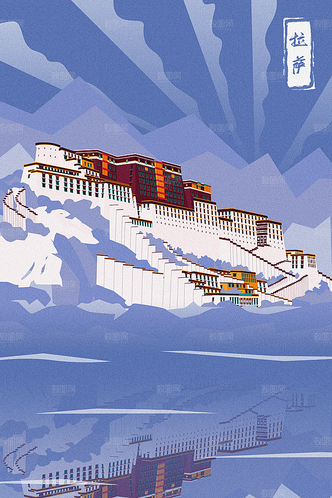 中国风古风建筑地标插画海报