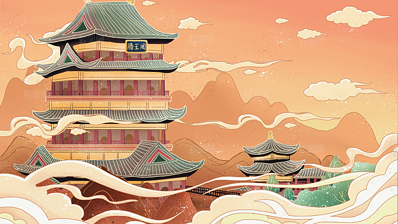 中国风古风建筑地标插画海报