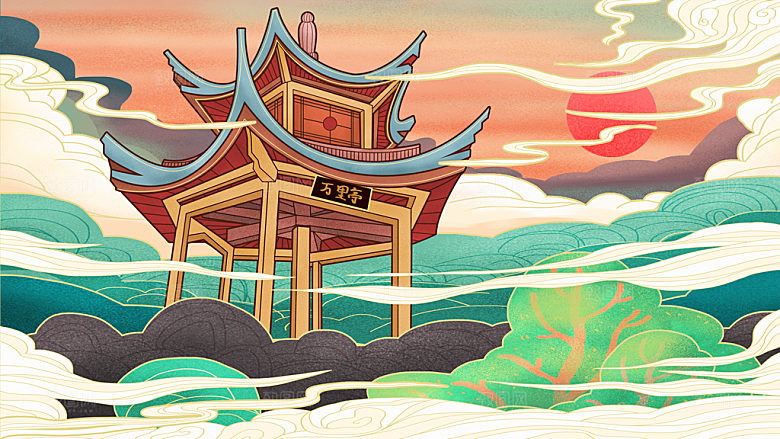中国风古风建筑地标插画海报