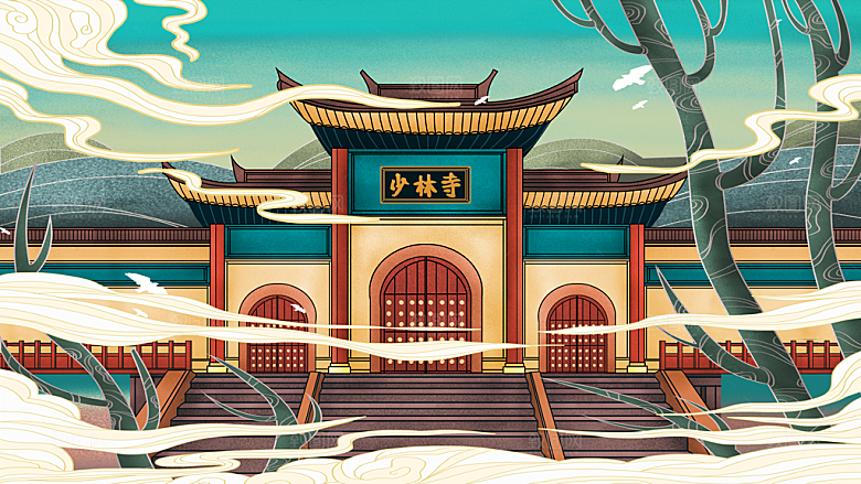 中国风古风建筑地标插画海报