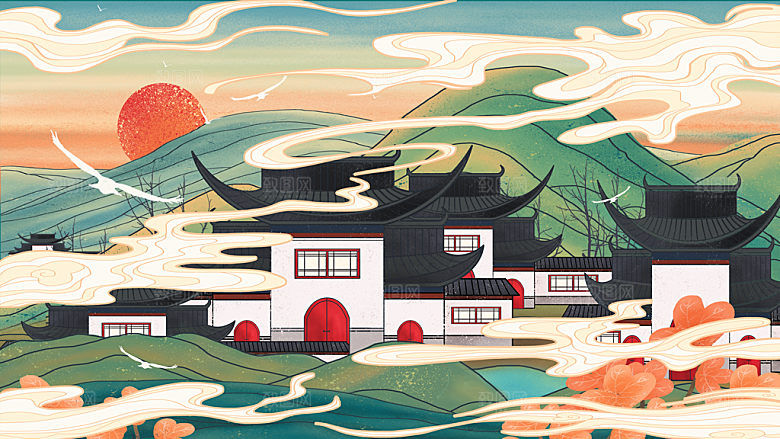 中国风古风建筑地标插画海报