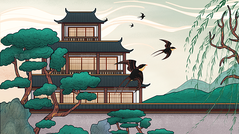 中国风古风建筑地标插画海报