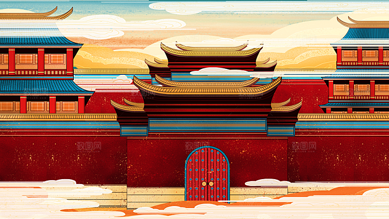 中国风古风建筑地标插画海报