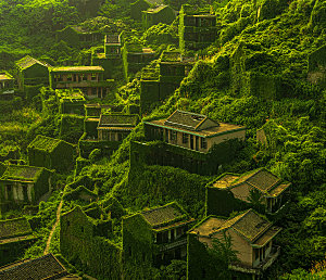 绿色建筑山峰小村庄