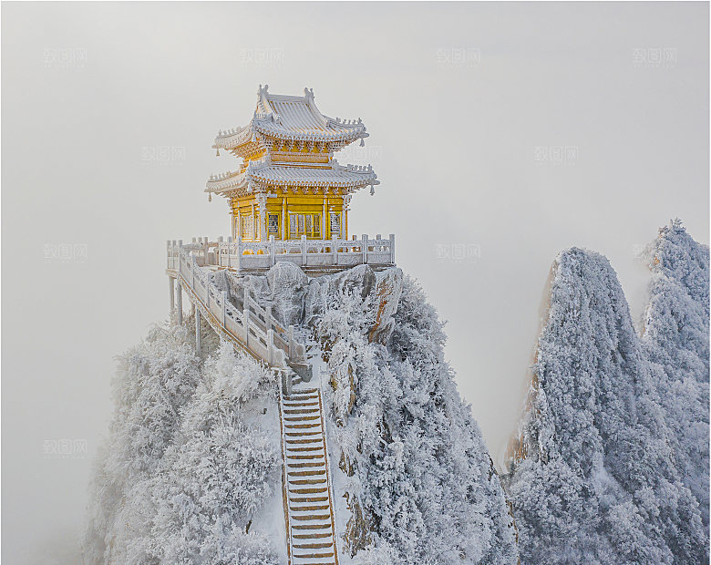 建筑雪山风景雾凇凉亭