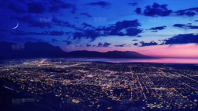 灯之城风景蓝色城市夜景