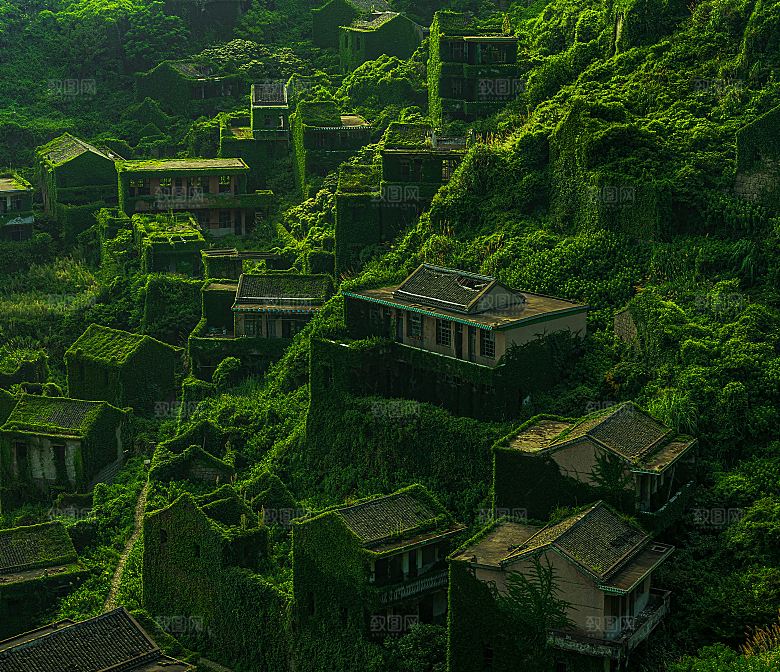 绿色山峰村庄建筑小院
