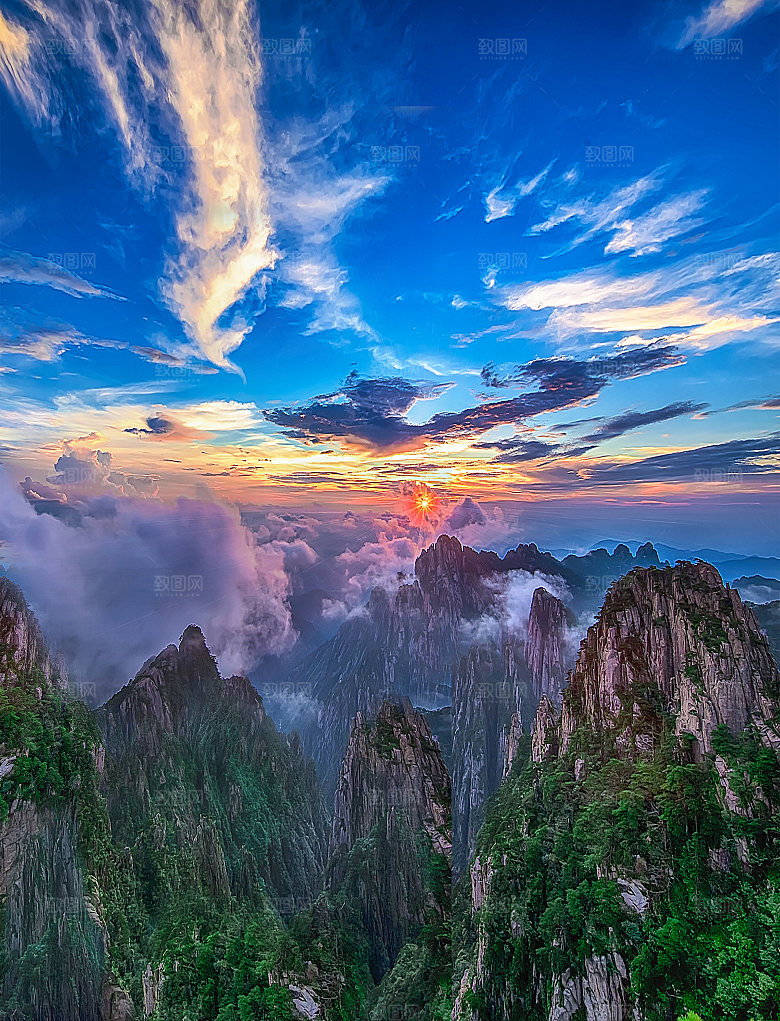 山峰蓝色火烧云素材
