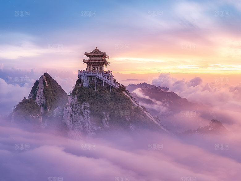 紫色云海天空凉亭素材
