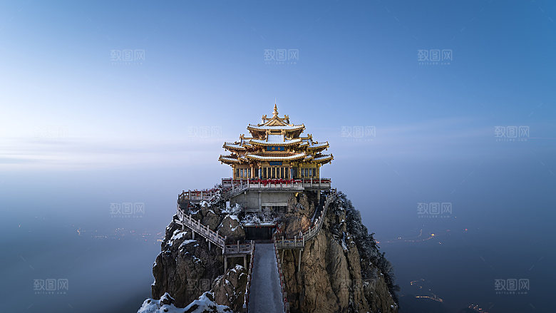 蓝色凉亭山峰素材元素