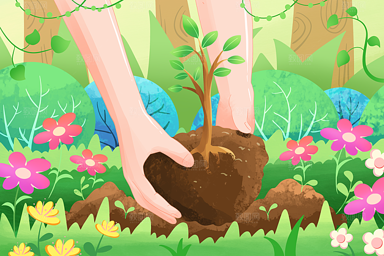 春天植树节种树苗镜头插画